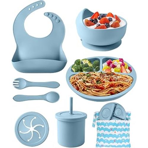 Silicone Baby Feeding Set, 10 Pcs Baby Led Weaning Supplies Baby Eating Essentials Set with Suction Bowl Divided Plate Adjustable Bib Soft Spoon Fork Cup with Lid Drinking Cup, Travel Bag (Blue)