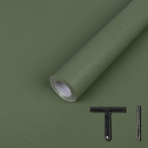 LXCREAT Green Matte Peel and Stick Wallpaper, Green Solid Color Removable Self Adhesive Wallpaper, Vinyl Film Waterproof Contact Paper for Bedroom with Scraper, Paper Cutter 17.71in×393.7in