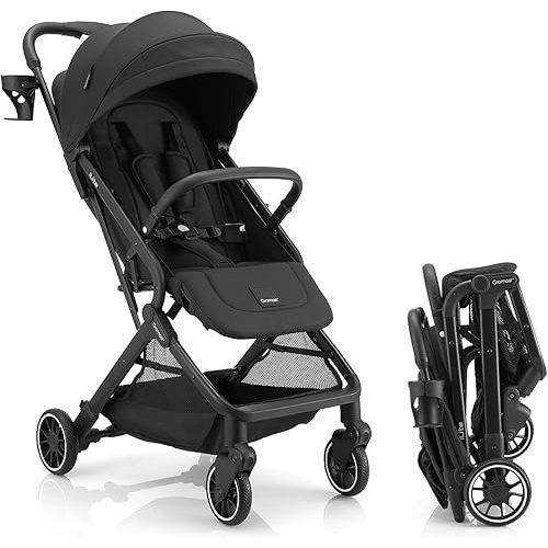 Gromast Compact Fold Baby Stroller, Lightweight Travel Toddler Stroller with One-Click Fold, Extendable UPF50+ Canopy, Cup Holder, UV Protected and Waterproof, One-Hand Folding - Black