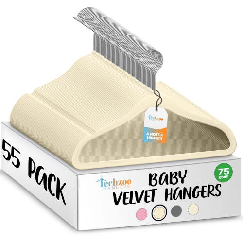 Techzoo Premium Baby Velvet Hangers 55 Pack – 11.8" Non Slip Felt Cloth Hangers for Closet – Ultra Slim, Space Saving Baby Clothes Hangers with 360° Swivel Hook Infant Hangers – Beige