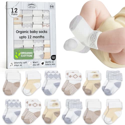 Organic Cotton Blend 12 Newborn Baby Socks 0-6 M Unisex Registry | Oeko-Tex Certified, Ankle Socks, 12 Pairs, Baby Socks With Grips, Baby Girl Socks, Brown Socks, Unisex Design, 0-6 Months