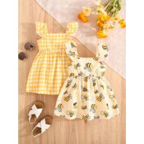 SHEIN Vintaside Kids Adorable 2 Pieces Baby Girl Summer Dress Set Yellow Gingham & Bee Print With Cap Sleeves Baby Girl 2Pcs Summer Dress Set - Yellow Gingham & Bee Print Cap Sleeve Sundresses For Toddlers | SHEIN USA