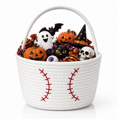 Baseball Cotton Rope Storage Basket with Handles, Small Woven Organizer Bin | Baseball-themed decor|Cotton rope construction|7.87 x 5.9 inch compact size|Kids toy storage|Nursery & bedroom organizer