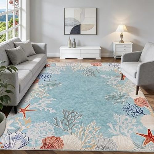 Coastal Blue Ocean Coral Reef Washable Area Rug, 8'x10'