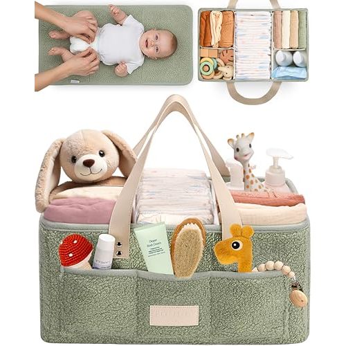 Toodly Baby Diaper Caddy Organizer with Portable Changing Mat - Teddy Fleece Diaper Organizer for Changing Table - Basket for Changing Essentials - Baby Essentials Organizer with Removable Dividers