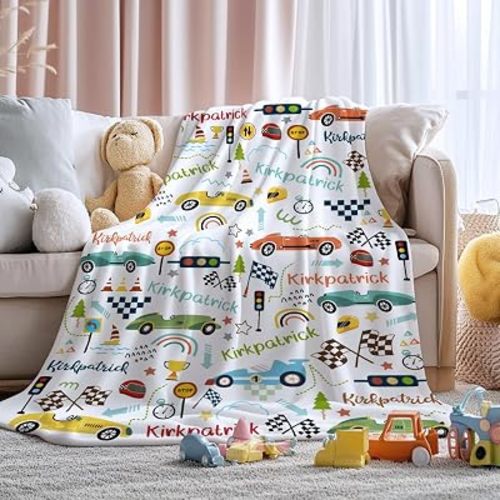 Personalized Racing Car Blanket with Name Customized Baby Blanket with Name Custom Racing Car Blanket for Boy Girl Soft Throw for Newborn Infant Toddler Nursery Stroller Crib Decor Baby Gift 30"x40"