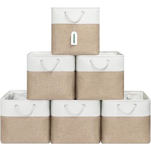 ECDYQXVU 13x13 Inch Cube Storage Bins with Reinforced Bottom Cardboard, 6 Pack Large Foldable Fabric Storage Cubes with Handles for Shelf, Closet, Laundry Organization (White&Khaki)