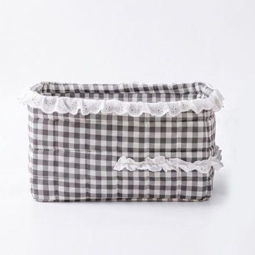 Alilang Quilted Gingham Fabric Storage Basket with Lace Trim - Gray