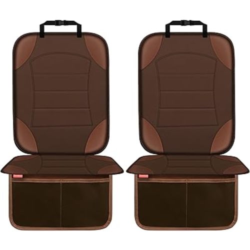 Sinvitron Car Seat Protector for Child Car Seat - Waterproof Non-Slip Leather Mat with 2 Mesh Pockets, Universal Seat Cover for Baby, Pets & Vehicles(2-Pack, Brown)