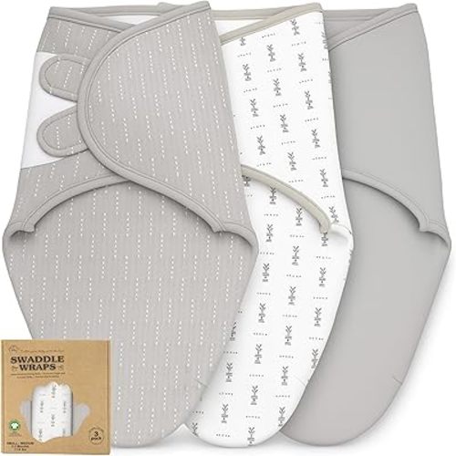 Baby Swaddle Blanket 3-Pack – Organic Cotton Adjustable Swaddle Wrap for Newborns 0-3 Months – Infant Sleep Sack for Baby Girl or Boy – Soft Breathable Swaddling Blankets, Grey