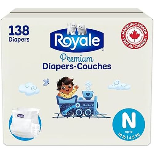 Royale Premium Diapers, Size Newborn (up to 10lb), 138 Count, Disposable Baby Diapers (Packaging may vary)