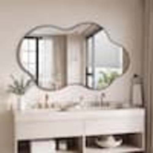 LuxHomez 40 in. W x 25 in. H Irregular Brushed Black Aluminum Framed Mirror, Asymmetrical Wall Mirror YXBLBK-4025GGI