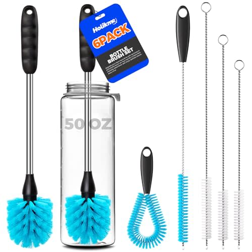 Holikme 6 Pack Bottle Brush Set, 14.5" Long Handle Stainless Steel Bottle Cleaner Brush, Long-Handled 6-in-1 Stainless Steel Bottle Brushes for Water Bottle, Cups, Abrasive Wheel Brushes, Blue