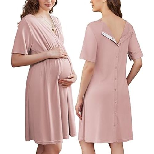 Ekouaer Labor and Delivery Gown for Hospital Short Sleeve Maternity Nursing Nightgown with Button Pregnancy Clothes Mauve L at Amazon Women’s Clothing store