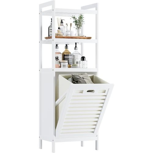 HITNET Bamboo Tilt Out Hamper, Bathroom Laundry Cabinet with Hidden Foldable Basket, Freestanding Clothes Storage Organizer with Storage Shelf, White