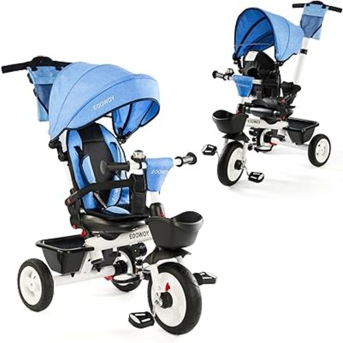 Baby Trike, 6-in-1 Kids Tricycle with Adjustable Push Handle, Removable Canopy, Safety Harness for 18 Months - 5 Year Old(Blue)