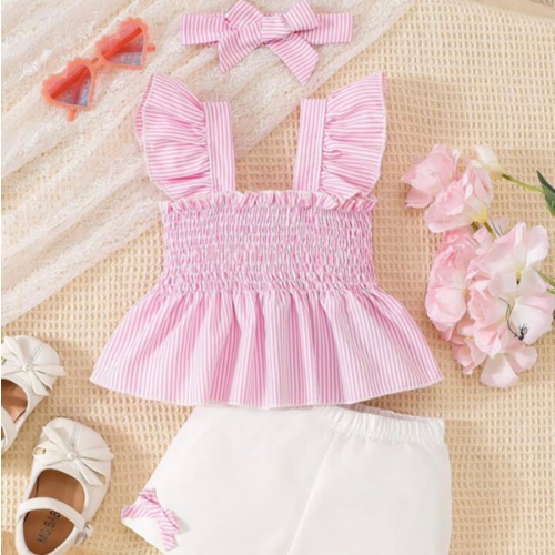 2pcs Baby Girls Set: Cute Cap Sleeve Striped Blouse And Bow Shorts, Spring/Summer | SHEIN USA
