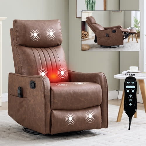 Brown Heat Massage Manual Recliner Chair with Rocker and Swivel for Living Room, American Design Fabric Recliner with Lumbar Heat and Vibration in Brown1
