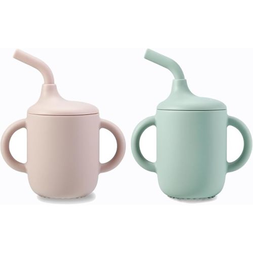 PandaEar 2 Pack 100% Silicone Baby Straw Cups, Toddler Sippy Cup for Babies 6-12-18 Months, Spill Proof Tiny Drinking Training Cup with Handles & Straw for Baby and Toddler (Pink Green)