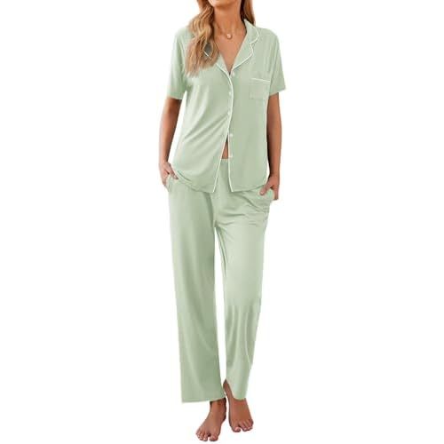 Ekouaer Women Pajamas Set Button Down Sleepwear Short Sleeve Nightwear with Long Pants Soft Pjs Set S-XXL