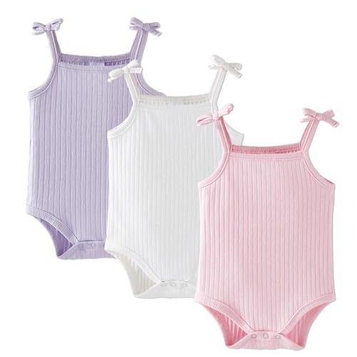 OPAWO Sleeveless Onesies for Baby Girl Tank Top Onesies 3 Pack Ribbed Newborn Bodysuit Girl Summer Clothes Undershirts 0-24M