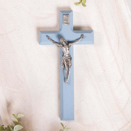 Painted Wood Children's Crucifix - Pink or Blue - 7"