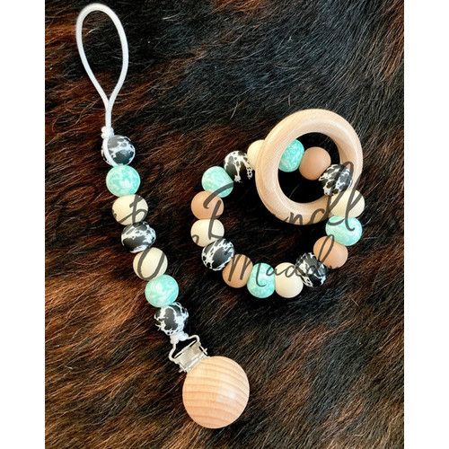 Turquoise Tooled Leather &amp; Cowprint Printed Pacifier Clip &amp; Teether Set