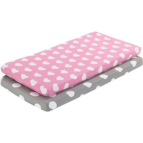 EVERYDAY KIDS 2 Pack Baby Cradle Sheets - Fitted Set for Baby Girl; 100% Cotton Jersey Knit, Breathable and Soft Cradle Mattress Pad Cover; Pink and White Heart Design Sheet and Gray Polka Dots Sheet