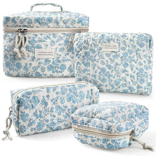 VIWIME Makeup Cosmetic Bag, Large Cotton Quilted Travel Coquette Aesthetic Cute Floral Make up Bag for Women Toiletry Bag Organizer (205- Sky Blue/ 4Pcs)