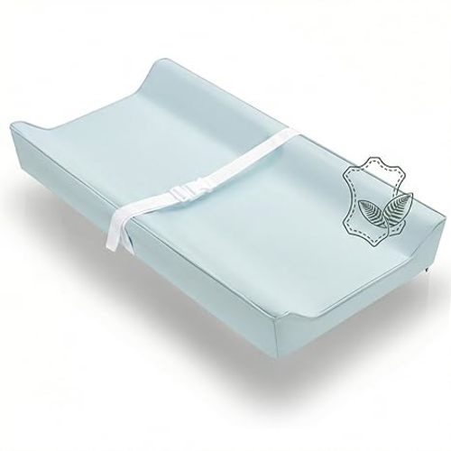 Vegan Leather Contoured Baby Changing Pad | Waterproof & Wipe-Clean PU Leather Diaper Change Mat, Soft, Wipeable Cover, Safety Strap, Non-Slip Bottom, Topper for Standard Infant Diaper Table & Dresser