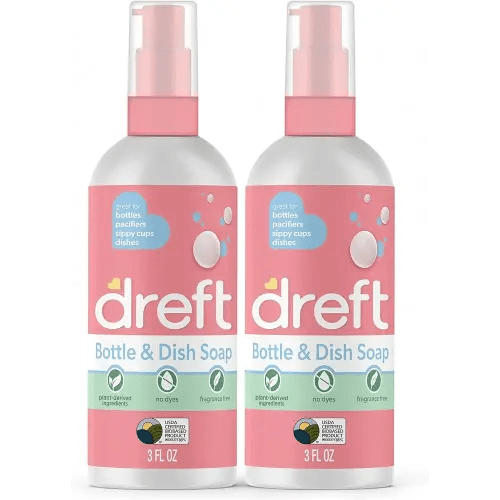 Dreft Bottle and Dish Soap | Made to Clean Baby Bottles, Sippy Cups, Pacifiers, Breast Pumps, & More | Gently Removes Milk Film & Odors | Plant Based, Fragrance Free Dish Soap | 3 Fl Oz (Pack of 2)