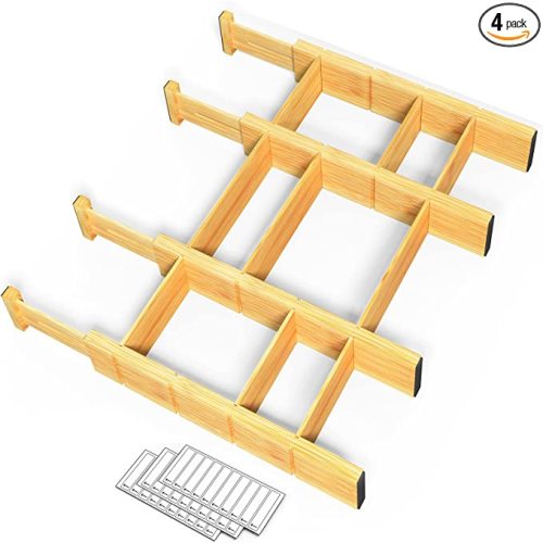 SpaceAid Bamboo 13.25-17“ Drawer Dividers (Need 2.35" Deep Drawer) Kitchen Adjustable Organizers, Expandable Organization for Home, Office, Dressers, 4 Dividers with 9 Inserts