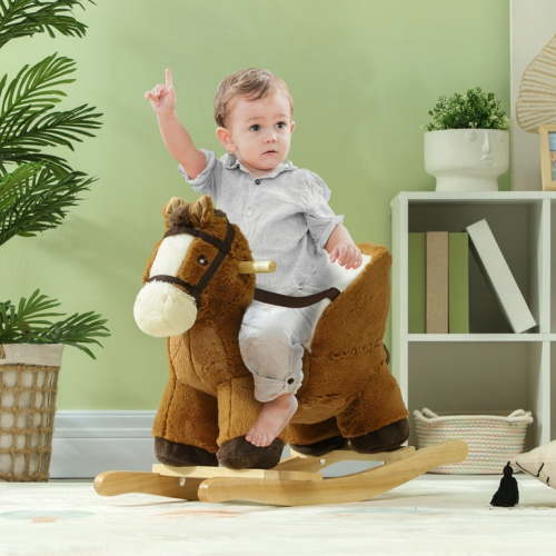 Qaba Baby Rocking Horse, Kids Ride on, Plush Animal Rocker with Sound, Wooden Base & Safety Belt for Ages 18-36 Months, Brown