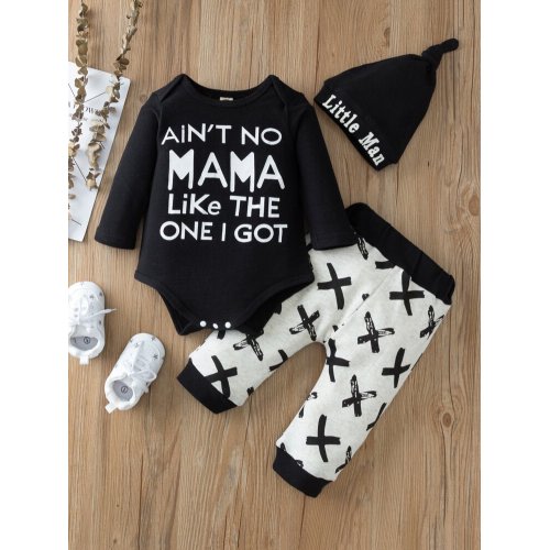 Baby Boy Slogan Graphic Bodysuit & Pants & Hat