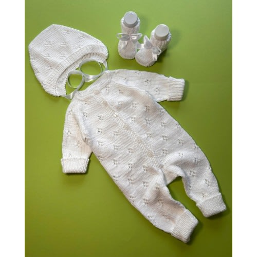White Hand Knitted Baby Jumpsuit, Bonnet & Booties – 100% Cotton Newborn Outfit 0-3 Months, Ready to Ship