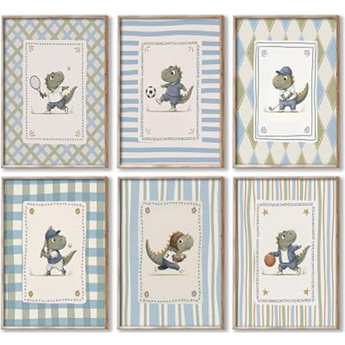 6Pcs Dinosaur Nursery Wall Art Vintage Sports Nursery Canvas Wall Decor Cute Cartoon Dino Painting Picture Watercolor Dino Poster Pints Artwork for Kids' Room Playroom Boy Room 8x10Inch Unframed