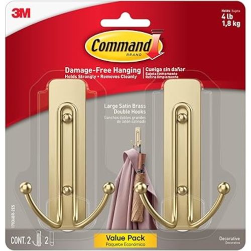Command Large Satin Brass Double Hooks, 2 Coat Hooks and 2 Command Strips, Damage-Free Hanging with Adhesive, Great for Hanging Christmas Decorations, Holds up to 4 lb