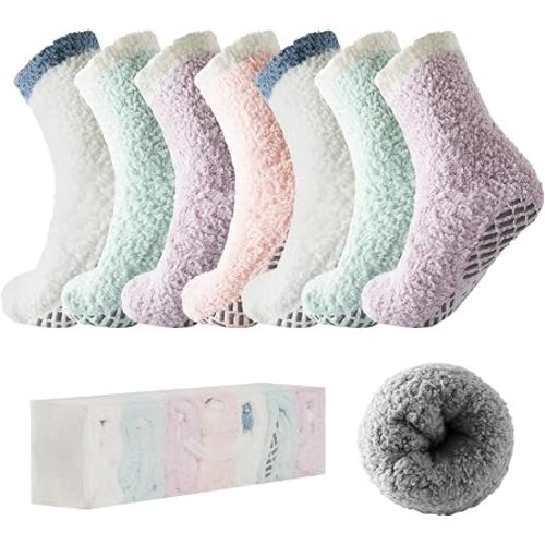 Bulinlulu Fuzzy Socks with Grips Plush Sleep Cozy Winter Soft Hospital Fluffy Socks for Womens Mens Gifts