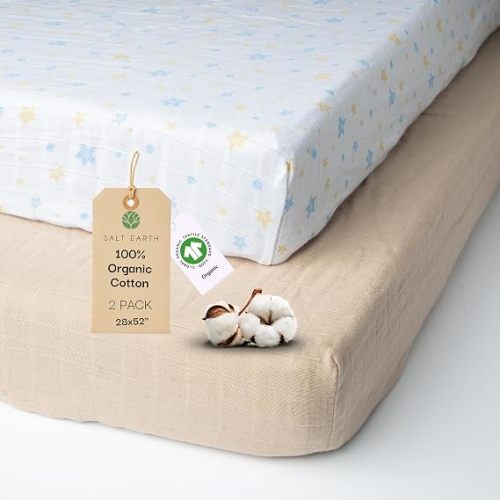 100% Organic Cotton Muslin Standard Fitted Crib Sheet for Boys, Girls & Toddlers – 52"x28", 2 Pack Soft Breathable Natural Cotton Mattress Bed Sheets, Neutral Crib Sheet (Beige & Blue Star)