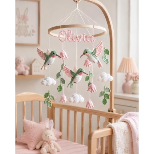 Custom Crochet Baby Name Mobile, Hummingbird Nursery Crib Decor