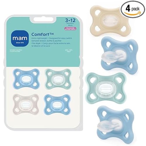 MAM Comfort Baby Pacifiers 3-12 Months Babies, Lightweight One-Piece Full Silicone Binky, BPA-Free Nipple, Easy to Clean Pacifier, Best for Breastfed Babies, 4 Pack, Made in Europe