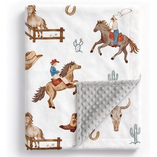 HOMRITAR Cowboy Baby Blanket for Boys Double Layer Dotted Backing