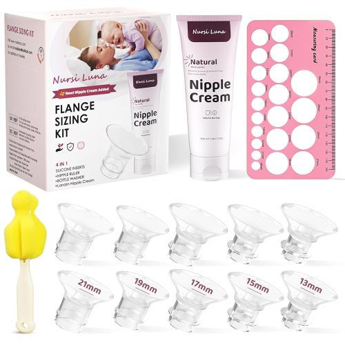 Flange Sizing Kit with Flange Inserts 10PCS, Nipple Ruler, Breast Pump Flanges Insert 13/15/17/19/21mm for 24mm Most Pumps, Pumping Breastfeeding Essentials Kit