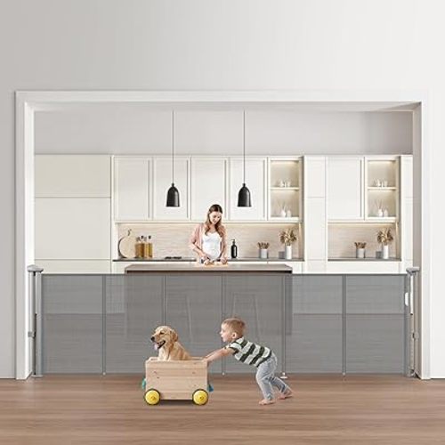 VEVOR Retractable Baby Gate, 34 inch Tall, Extends up to 110 inch Wide, Retractable Gate for Kids or Pets, Mesh Material, Easy to Install for Indoor Stairs, Doorways, Hallways, Playrooms, Gray