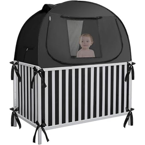 L RUNNZER Crib Blackout Cover, Breathable Blackout Crib Cover to Block 90% of Light, Portable Crib Tent Blackout for Baby Better Napping or Sleeping