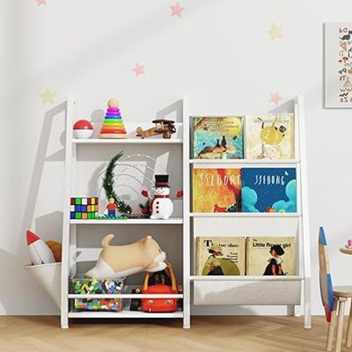 3-Tier Kids Bookshelf,Premium Book Shelf for Kids Rooms with Deep Pocket - Toddler Sling Book Rack with Deep Sleeves, Nursery Bookcase Organizer