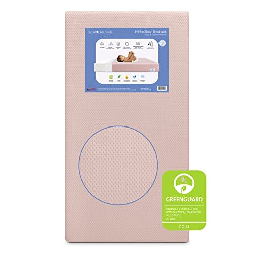 Delta Children Twinkle Stars Crib and Toddler Mattress with Breathable, Removable Machine-Washable Cover - GREENGUARD Gold - Waterproof Baby Bed - Sustainably Sourced Fiber Core - 52”Lx27.5”W, Pink