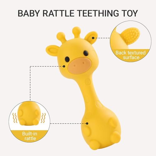 Giraffe Silicone Baby Teether Rattle Toy for 0-6 6-12 Months, BPA-Free Infant Teething Toy with Rattle Sound, Easy-Grip Design for Teething Relief (Mango)