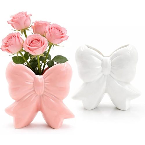 2 Colors Ceramic Flower Vase Cute White and Pink Bow Vase Small Makeup Brush Holder Decorative Pen Holder for Wedding Home Office Bedroom Dressing Table Decor (2 Pcs)