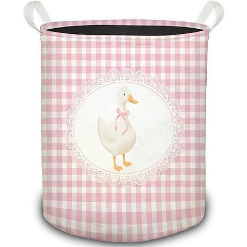 Pink Bow Goose Checkered Laundry Basket, Preppy Girly Goose Pink Gingham Plaid Foldable Laundry Hamper With Handles Clothes Toys Storage Basket for Girls Kids Room Nursery Bathroom